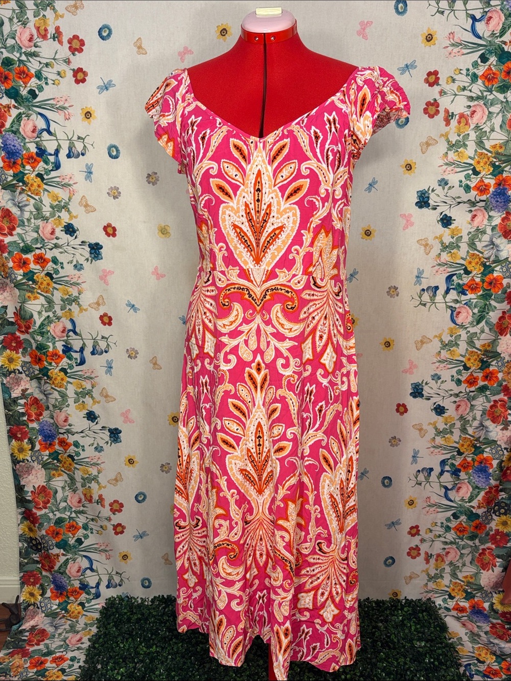 LOFT - Pink Paisley Cap-Sleeve Maxi Dress with Orange and Cream Accents